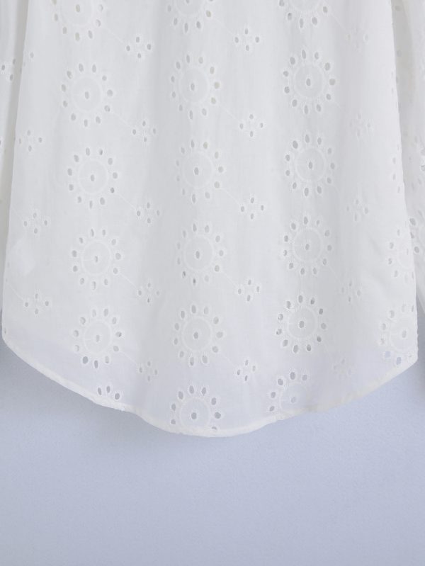 Spring Women White Long Sleeve Hollow Out Cutout Eyelet Embroidered Shirt