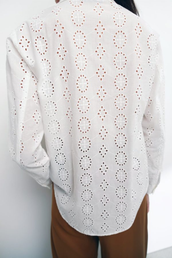 Spring Women White Long Sleeve Hollow Out Cutout Eyelet Embroidered Shirt