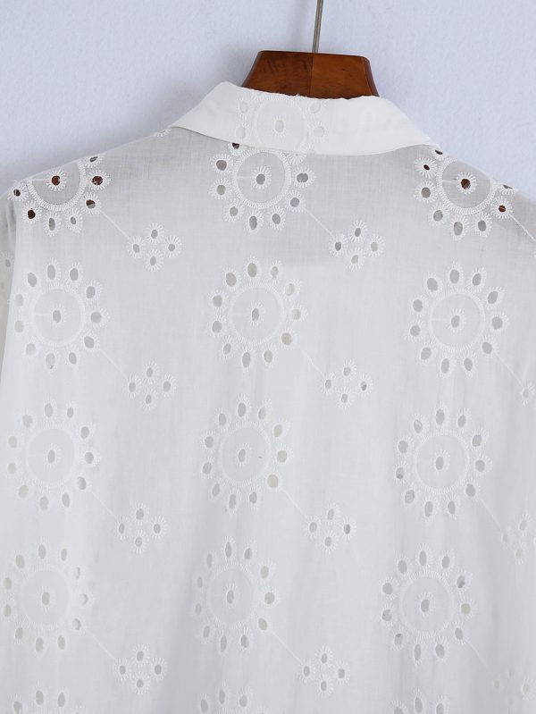 Spring Women White Long Sleeve Hollow Out Cutout Eyelet Embroidered Shirt