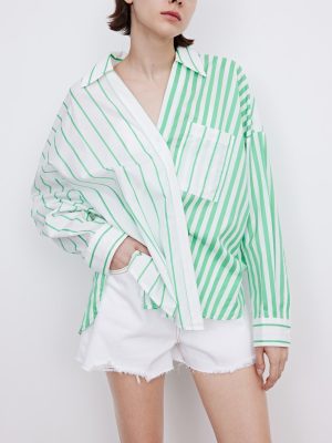 Summer Women Clothing Collared Long Sleeve Striped Loose Multicolor Chest Pocket Shirt Women