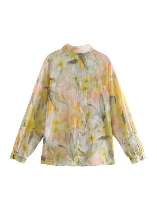 Spring Summer Women Long Sleeve Metal Color Line Loose Printed Shirt