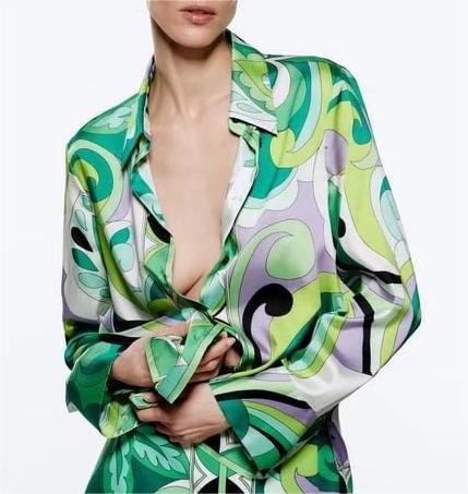 Spring Summer Printed Shirt Loose Satin Women Shirt