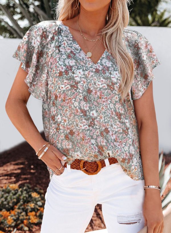Summer Top Women Clothing V-neck Printed Short Sleeve Loose Casual Pullover Shirt