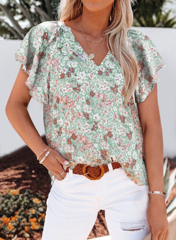 Summer Top Women Clothing V-neck Printed Short Sleeve Loose Casual Pullover Shirt