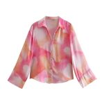 Spring Summer Breasted Closed V-neck Collared Long Sleeve Tie-Dyed Printed Short Shirt for Women