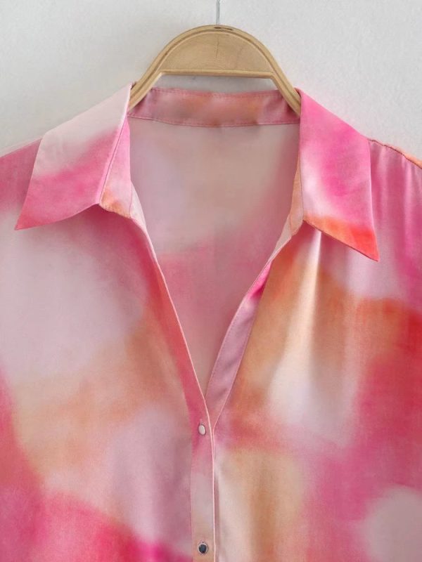 Spring Summer Breasted Closed V-neck Collared Long Sleeve Tie-Dyed Printed Short Shirt for Women