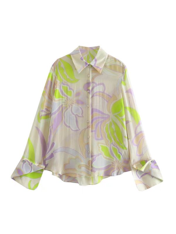 Trendy Lady Floral Printing Collared Single-Breasted Loose Shirt Spring Office Elegant Top