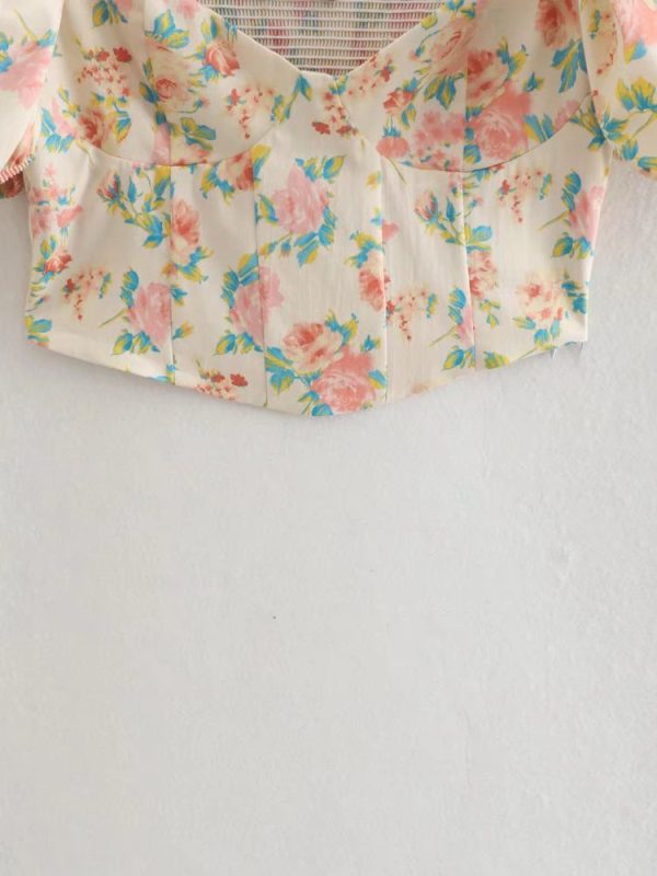 Fresh Sweet Puff Sleeve Top Slim Fit Slimming Women Spring Summer Floral Printed T-shirt