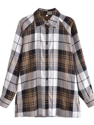 Summer Khaki Plaid Shirt Single-Breasted Mid-Length Top