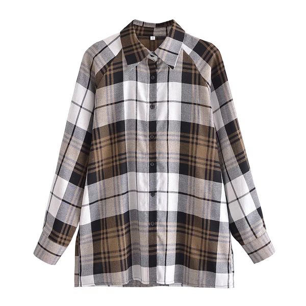 Summer Khaki Plaid Shirt Single-Breasted Mid-Length Top