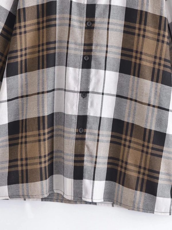 Summer Khaki Plaid Shirt Single-Breasted Mid-Length Top