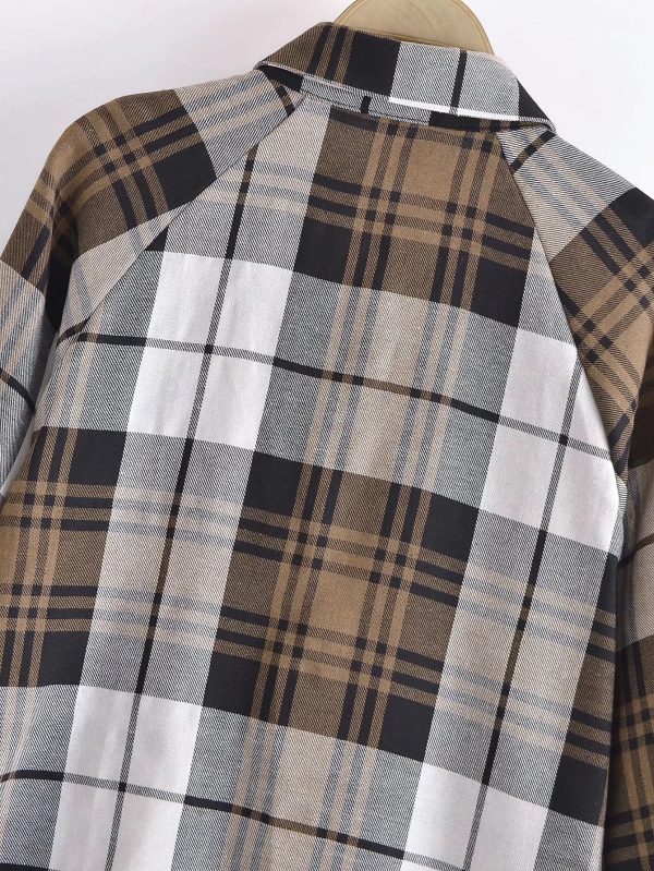 Summer Khaki Plaid Shirt Single-Breasted Mid-Length Top