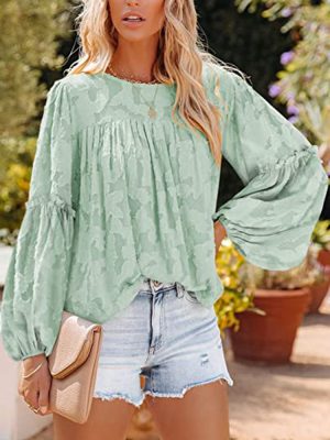 Women Clothing Autumn Winter round Neck Long-Sleeved Peony Jacquard Chiffon Shirt Hollow Out Cutout Top