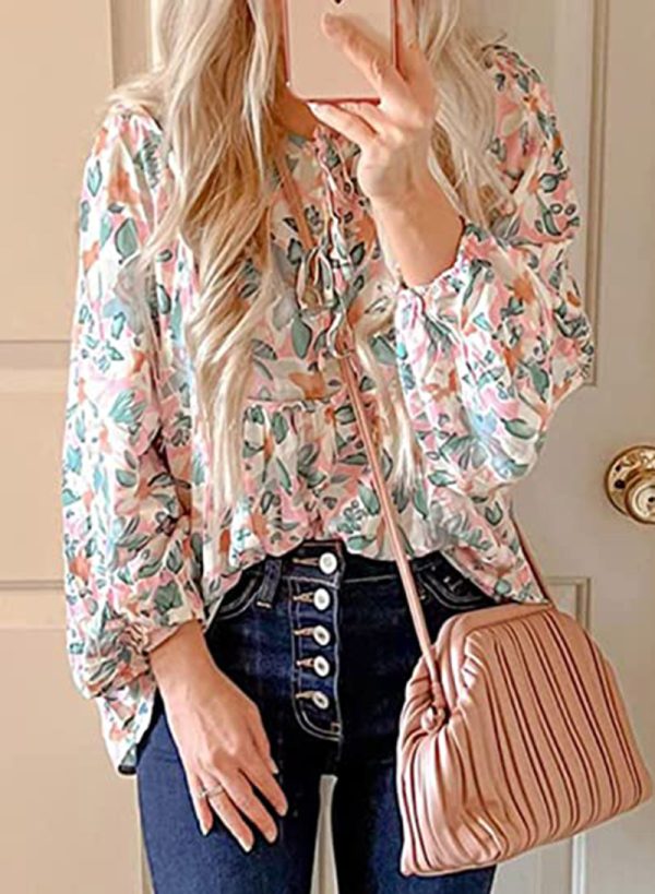 Women Clothing Floral Ruffled Waist Shirt Tied V-neck Casual Long-Sleeved Top