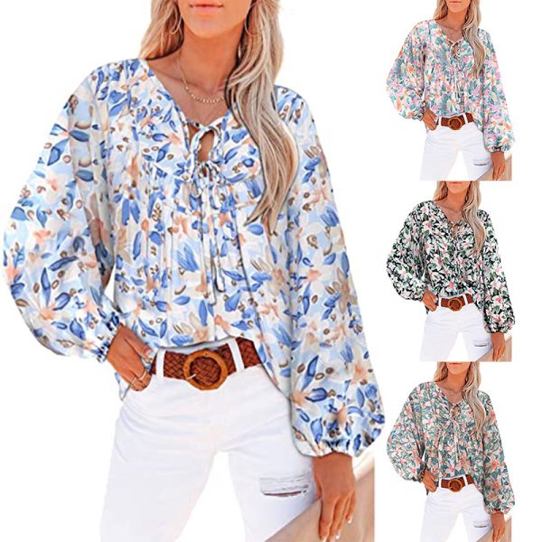 Women Clothing Floral Ruffled Waist Shirt Tied V-neck Casual Long-Sleeved Top