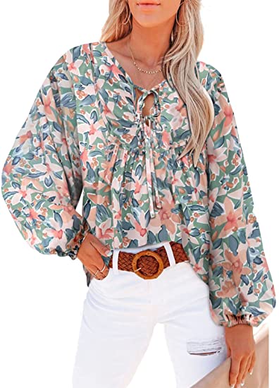 Women Clothing Floral Ruffled Waist Shirt Tied V-neck Casual Long-Sleeved Top