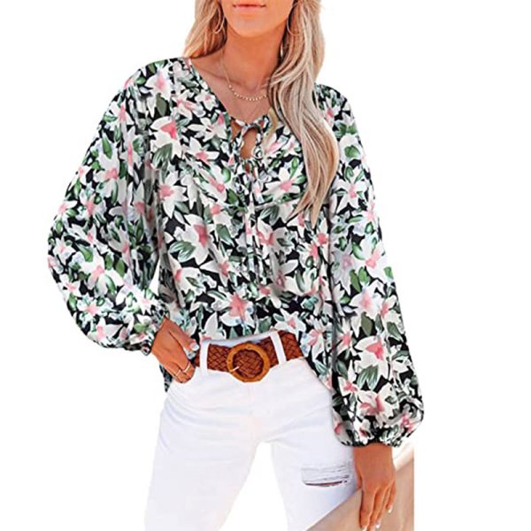 Women Clothing Floral Ruffled Waist Shirt Tied V-neck Casual Long-Sleeved Top