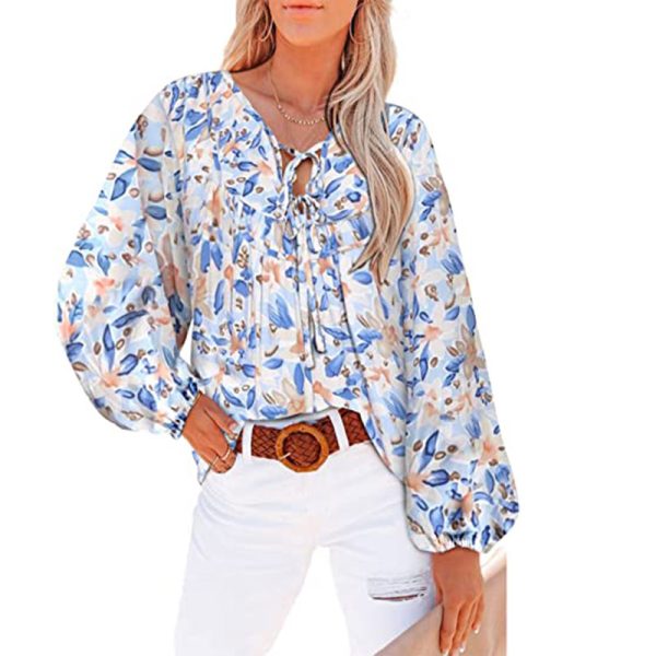 Women Clothing Floral Ruffled Waist Shirt Tied V-neck Casual Long-Sleeved Top