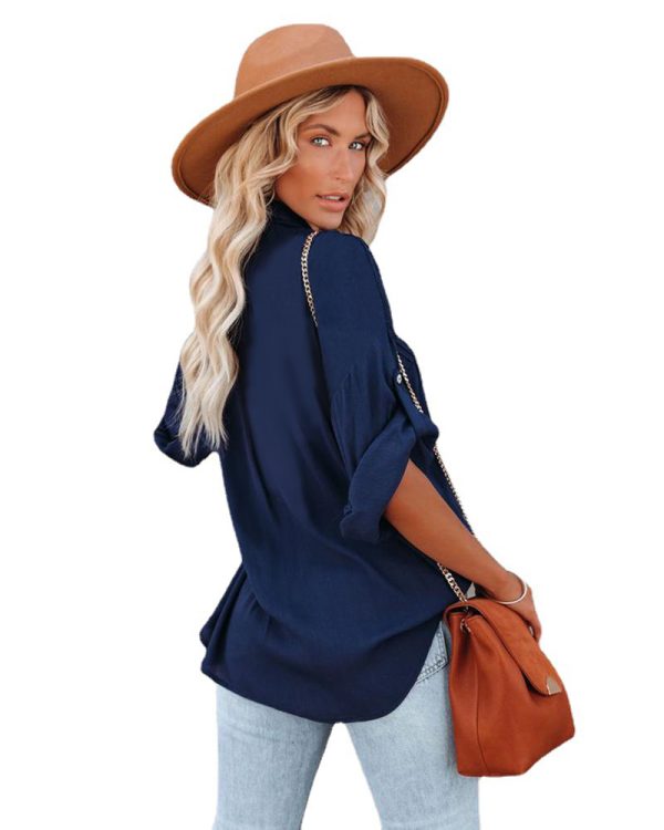 Shirt Spring Summer Solid Color Pocket Shirt Loose Long Short Sleeve Top