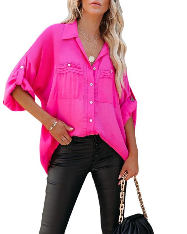 Shirt Spring Summer Solid Color Pocket Shirt Loose Long Short Sleeve Top