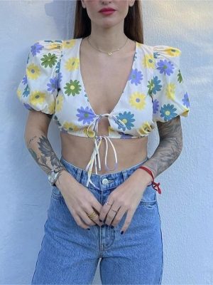 Summer Women Clothing V-neck Floral Print Puff Sleeve Knotted Short Top