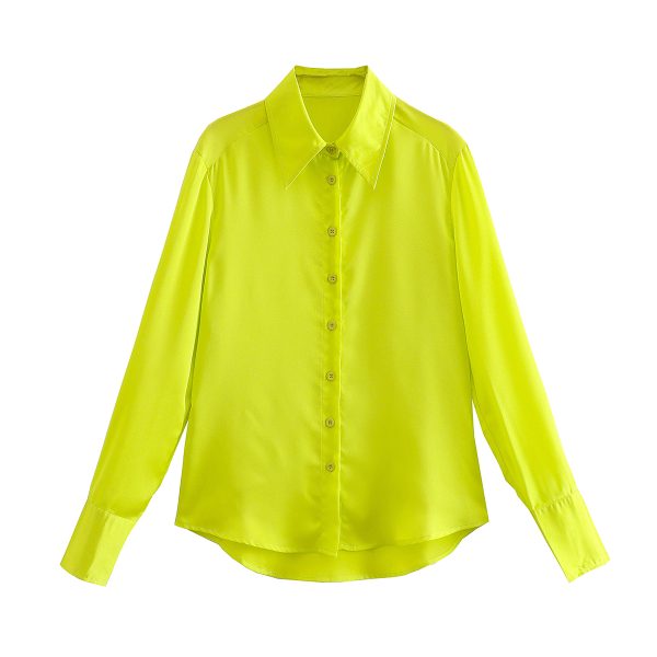 Spring Women Bright Yellow Satin Texture Shirt Top