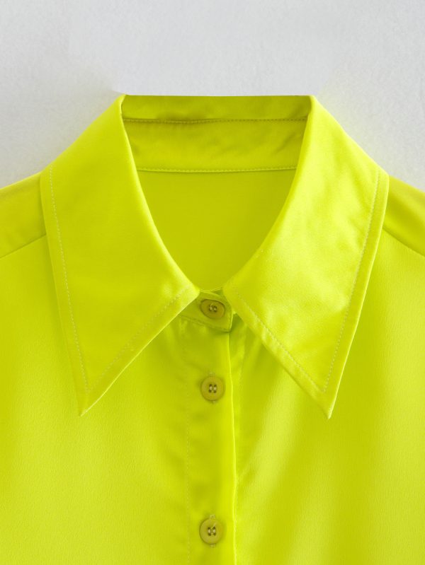 Spring Women Bright Yellow Satin Texture Shirt Top