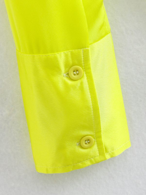 Spring Women Bright Yellow Satin Texture Shirt Top