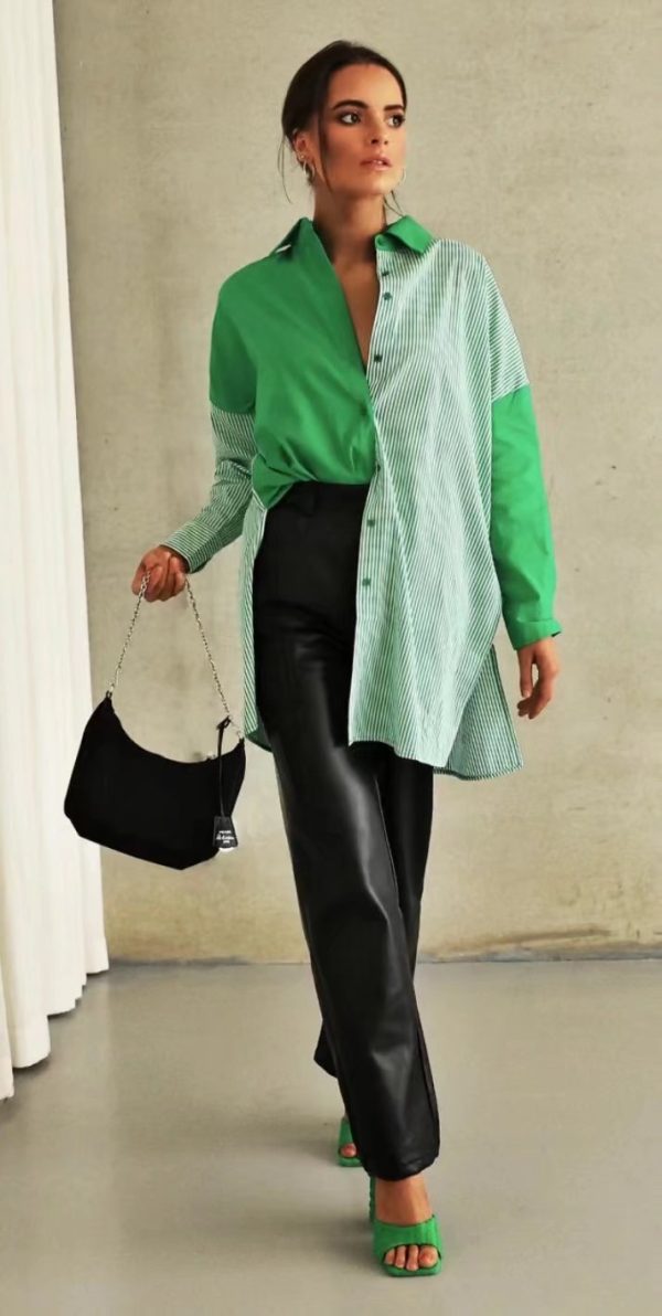 Women Clothing Summer Long-Sleeved Green Striped Stitching Shirt