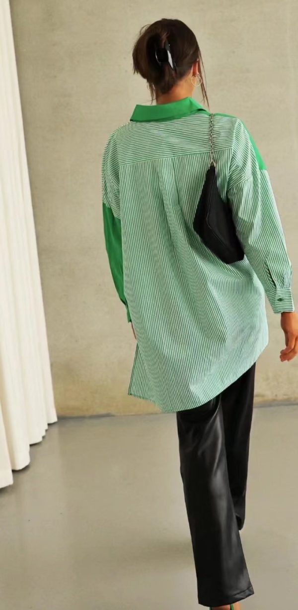 Women Clothing Summer Long-Sleeved Green Striped Stitching Shirt