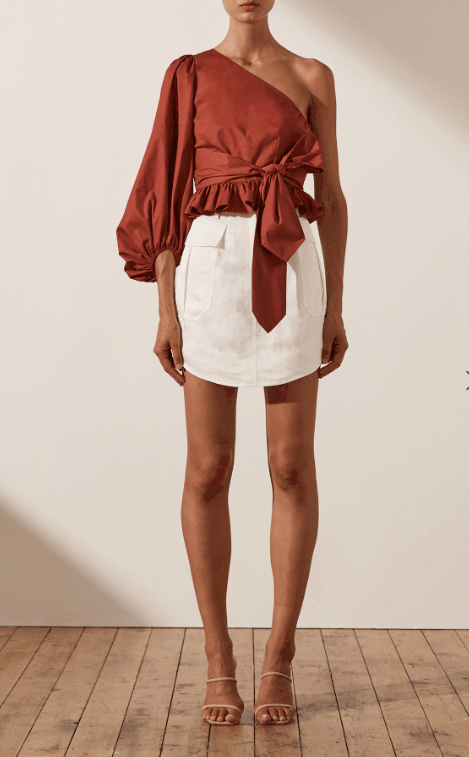 Spring Summer Brick Red One-Shoulder Top Ruffled Tied Short Shirt