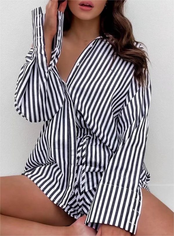 Elegant Slightly Mature Collared Single Breasted Top Mid-Length Women Clothing Spring/Summer Striped Contrast Color Long Sleeves Shirt