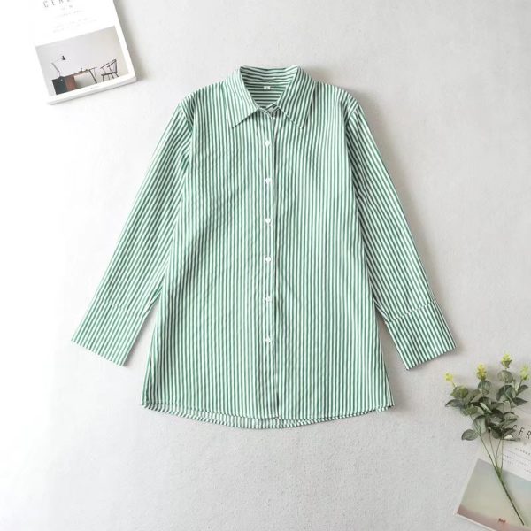 Elegant Slightly Mature Collared Single Breasted Top Mid-Length Women Clothing Spring/Summer Striped Contrast Color Long Sleeves Shirt