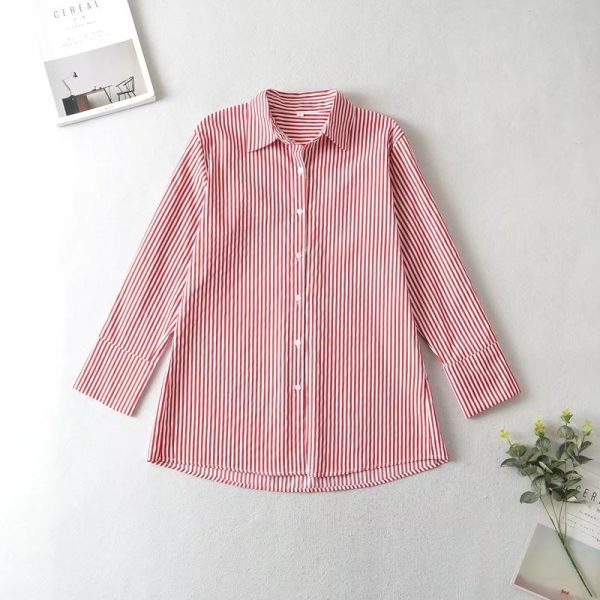 Elegant Slightly Mature Collared Single Breasted Top Mid-Length Women Clothing Spring/Summer Striped Contrast Color Long Sleeves Shirt