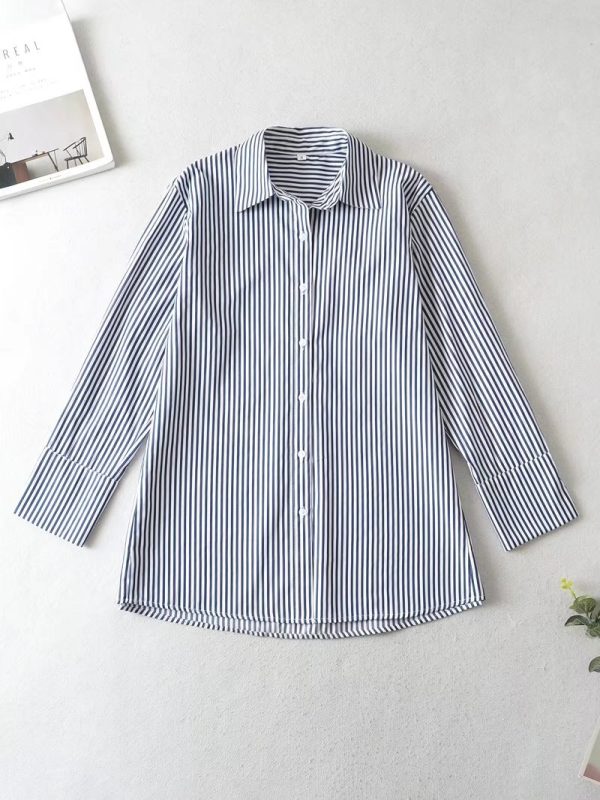 Elegant Slightly Mature Collared Single Breasted Top Mid-Length Women Clothing Spring/Summer Striped Contrast Color Long Sleeves Shirt