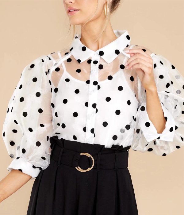 Women Clothing Summer Bubble Sleeve Polka Dot Print Translucent Shirt