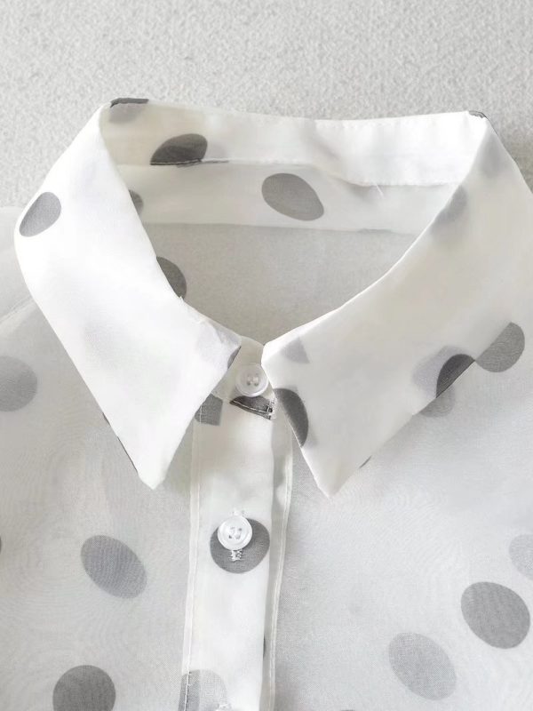 Women Clothing Summer Bubble Sleeve Polka Dot Print Translucent Shirt