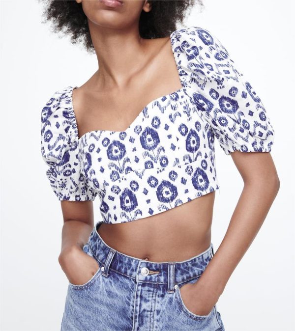 Printed Top Quality Slimming Short Sleeve Square Collar Women Cropped Outfit Short Shirt