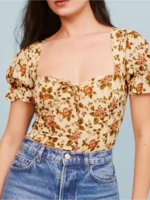 Summer Trendy Slim Shirt Square Collar Shirt French Vintage Small Floral Puff Sleeve Top Women