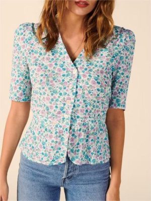 Women Clothing French Hong Kong Retro Floral V-neck Short Sleeve Single-Breasted Shirt Top