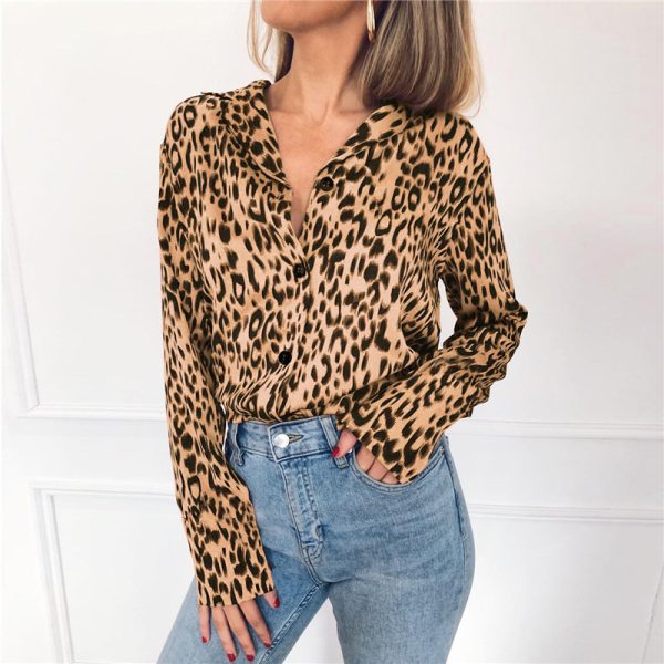 Popular V-neck Long Sleeve Leopard Print Printed Sexy Women  Chiffon Shirt Long Sleeve
