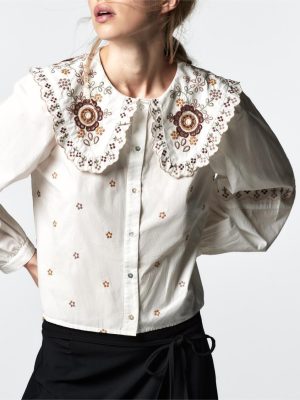 Fall Women Clothing Retro Peter Pan Collar Embroidered Poplin Shirt