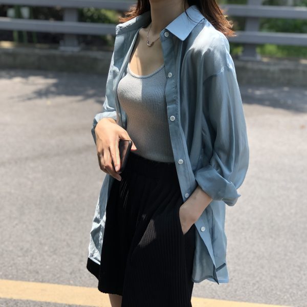 Summer Tencel Shirt Women Yan Double Solid Color Backless Sneaky Design Loose Sunscreen Clothes Women