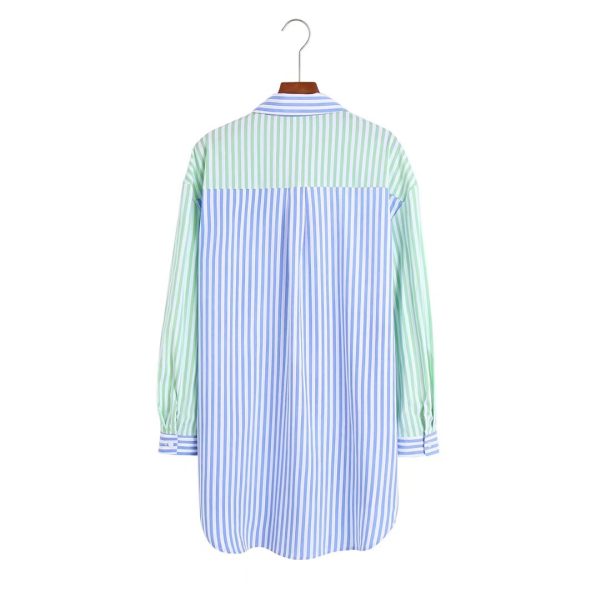 Autumn Women Clothing Collared Long Sleeve Color Matching Striped Loose Shirt