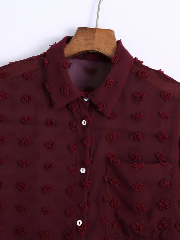 Women Clothing Polo Collar Solid Color Polka Dot Embroidered Long-Sleeved Shirt Top