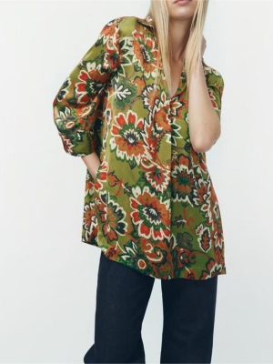 Autumn Collared Floral Print Loose Pullover Shirt Top Women