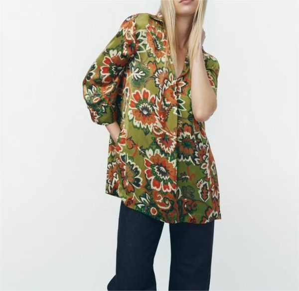 Autumn Collared Floral Print Loose Pullover Shirt Top Women