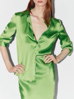 Satin Green Collared Plain All-Match Elegant Long Sleeve Shirt Top