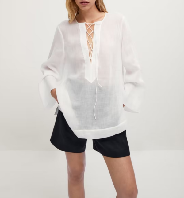 Summer Simple Loose Cotton Linen Lace-up Crew Neck Casual Shirt