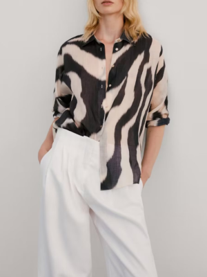 Summer Women All-Match Casual Loose Casual Cotton Linen Zebra Pattern Shirt